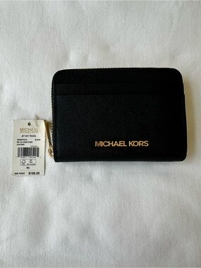 Michael Kors Jet Set Travel Black Saffiano Leather Zip Card Case Wallet NWT